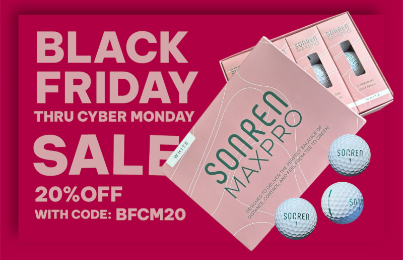 Promotional image for a Black Friday sale on Somren Maxpro with product packaging and golf balls on a red background.